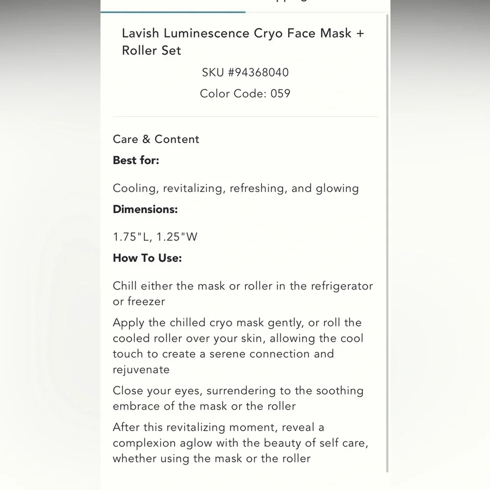 Anthropologie Lavish Luminescence Cryo Face Mask + Roller Set